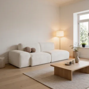 Ava Sofa in off‑white velvet upholstery, solid wood and plywood frame, medium‑firm seating, modern silhouette.