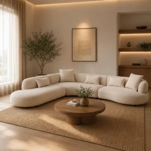 Wide view of Beni Modular Sofa in beige fabric with corner piece, curvaceous silhouette, deep medium-firm seats, low backrests, and plush throw cushions, offering modern elegance and flexible configuration for large living spaces