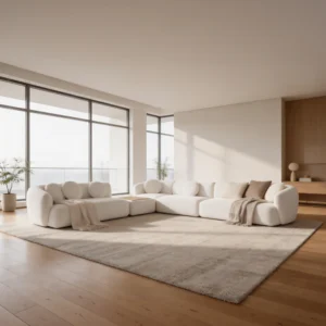 Bliss Sofa with solid wood frame, premium white bouclé upholstery, modular four-section design, soft cushioning, and versatile ottoman for seating or table use