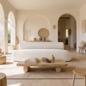 Blossom Sofa with solid wood and plywood frame, armless curved rectangular silhouette, upholstered in soft white bouclé fabric, offering a refined and modern aesthetic.