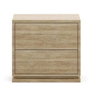 Elegant Vera Double Bedside Table crafted from wood, with curved design, warm tones, and dimensions 50cm length x 50cm depth x 40cm height, offering ample surface space for bedroom essentials