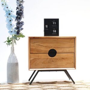 Chester Bedside Table featuring solid wood drawers, circular matte black handle, amber finish, and angled black metal legs for a mid-century modern look.
