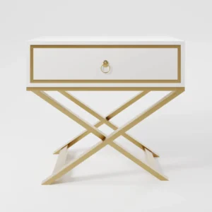 Classic Bedside Table with elegant lines, wood tabletop, and metal legs, measuring 50cm length x 40cm depth x 53cm height, offering practical storage and refined style for bedroom interiors