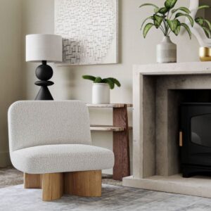 Como Lounge Chair featuring two semi-circular solid oak legs with a natural finish, water-based lacquer coating, and a plush white boucle upholstered seat, crafted from FSC-certified oak wood.