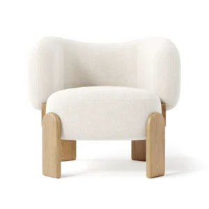 "Eclectic Rest Armchair with curved backrest and arms, upholstered in off-white boucle and cotton blend fabric, supported by slim walnut wood legs, medium firm seating..