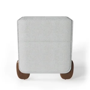 Contemporary Elio Bedside Table with sculptural form, upholstered in bouclé or corduroy fabric, available in four shades, offering warmth, texture, and modern elegance for bedroom interiors
