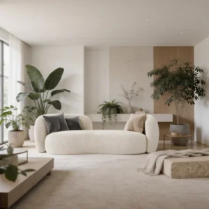 Elios Sofa with curved boho silhouette, premium beige bouclé upholstery, solid wood frame, and open-back design for modern interiors.