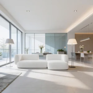 Essence Sofa with L-shaped silhouette, upholstered in premium white bouclé fabric, solid wood frame, soft seating, unfinished backrest, measuring 300 cm long, 200 cm wide, and 75 cm high