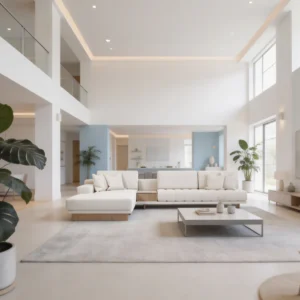 Evoque Sofa with solid wood and plywood frame, upholstered in cotton-linen blend fabric, sleek contemporary silhouette, medium-firm seating, dimensions 320cm length, 173cm width, 76cm height