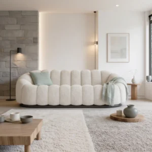Firenze Sofa with oval silhouette, solid wood frame and legs, upholstered in soft beige bouclé for modern interiors.