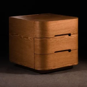 Flow End Table crafted from ash wood with ash veneer, upholstered drawers, and rounded structure for versatile bedroom or living space use