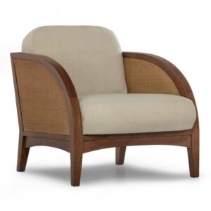 Francisco Lounge Chair from Union Home, featuring a solid acacia wood frame with woven rattan inserts, natural linen upholstered seat and back cushions, and a dark Porto finish inspired by coastal living
