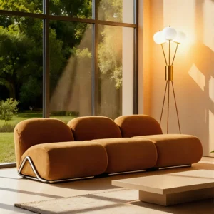 Fusion Sofa with modular armless design, upholstered in vibrant orange velvet, featuring two chairs and a chaise on a sturdy metal frame