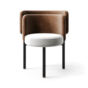 Harmony Dining Chair with metal frame and premium fabric upholstery, featuring clean lines and an elegant silhouette in a modern dining space