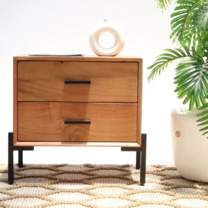 Harrington bedside table with warm amber-toned solid wood drawers and matte black metal legs, designed with clean straight lines for industrial elegance.