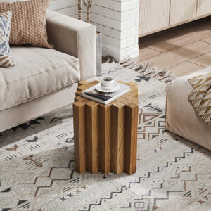 Japandi geometric wood side table, minimalist design with angular lines for modern interiors