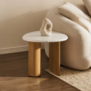 Japandi modern side table with drawers, minimalist wood design blending Japanese and contemporary style