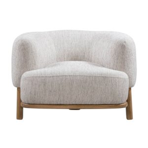 Vittori Boucle Chair by Union Home featuring solid oak frame and legs, natural lacquer finish, and plush boucle cushions with a 17-inch seat height, 18.75-inch width, and 23.75-inch depth