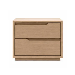 Minimalist Limoges bedside table with two flush drawers, crafted in a warm finish, designed for modern interiors.