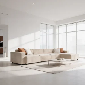 Lounge Sofa upholstered in Jade fabric with French piping, solid wood frame, medium-firm seating, measuring 350 cm long, 90 cm wide, and 71 cm high