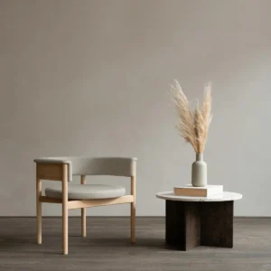 Nismaaya Maaike Oak Wood Arm Chair with solid oak frame, upholstered seat and backrest, curved arms, and tapered legs, measuring 26 inches wide, 30 inches deep, and 34 inches high