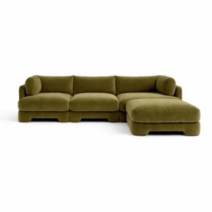 Low-profile L-shaped sofa with clean lines, softly rounded arm bolsters, and a contemporary silhouette that feels refined and inviting.