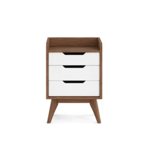 Muller Bedside Table featuring walnut frame, white drawer fronts, open top shelf, and Scandinavian design for a stylish and functional bedside accent.