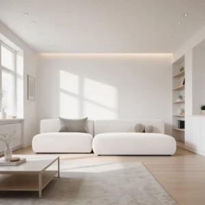 Orbit Sofa with L-shaped armless silhouette, upholstered in luxurious white suede, complemented by toss pillows for added comfort and style