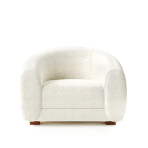 Orion Armchair with ivory boucle and sponge fabric upholstery, barrel silhouette, rounded back, and curved arms, supported by a solid wood and plywood frame, medium firm seatin