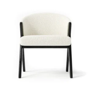 Purecloud Armchair with curved arms, seamless backrest, and v-shaped legs, styled in a chic modern living room.