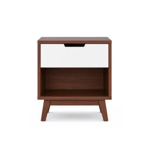 Simone Bedside Table with walnut frame, white drawer front, and open lower shelf for a stylish, functional bedside accent.