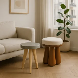 Blair upholstered modern stool with spiral ashwood legs and padded white seat, styled for modern glam interiors.