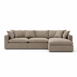 L-shaped sofa with clean lines, smooth upholstery, and deep cushioned seating featuring plush memory foam, feather, and dacron blend pillows for a supportive yet soft lounging experience.