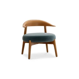 Luxury wood accent chair with shiny frame, tapered legs, curved backrest, and round padded seat in minimalist mid-century design