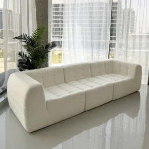 Miles Modular Sofa with clean lines, modular sections, solid wood frame, and soft premium upholstery, styled for modern and spacious living areas