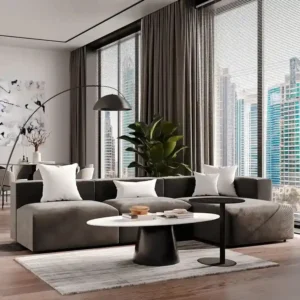Urban Sofa in neutral gray Terylene upholstery with solid wood frame, medium-firm seating, designed for durability and modern interiors.