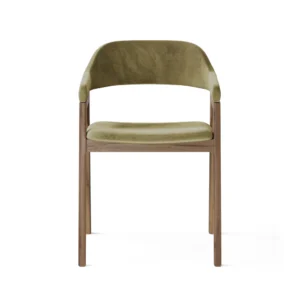 Green upholstered dining chair with wooden legs, designed to blend natural elegance with comfort in a modern dining room