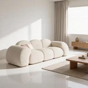 Wrangler Sofa in beige bouclé upholstery with sleek modern silhouette, solid wood frame, and soft seating comfort.