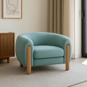 Luxury modern accent chair named Rita, featuring a curved upper silhouette for back support, tapered solid wooden legs for vintage charm, and stain-resistant premium upholstery with spacious seating
