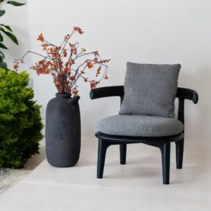 Ash Wood & Velvet Chair with black finish, solid ash wood frame, velvet upholstery, measuring 31.5 inches long, 27.5 inches wide, and 24 inches high, weighing 15 kg