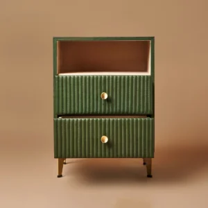 Linear Nightstand with quilted panels, brass accents, Hettich-fitted drawers, and open shelf for stylish bedroom storage