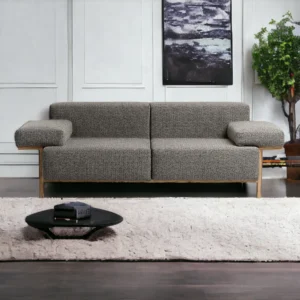 Front view of Teak Wood 2-Seater Sofa featuring warm teak wood frame, plush cushioned seating, and a design that combines natural charm with modern comfort, ideal for stylish living spaces