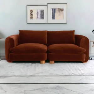 A stylish 2-seater sofa crafted from teak wood with plush cushions, sturdy frame, and clean lines, offering warmth, sophistication, and inviting comfort for any living room