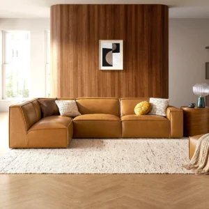 Pavlos Leather L-Shape Sofa in premium leather upholstery with spacious seating and modern curved silhouette.